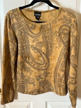 BARANDA Vtg Tan/Gold Color with raised Black Paisley Dots Long Sleeve  Blouse